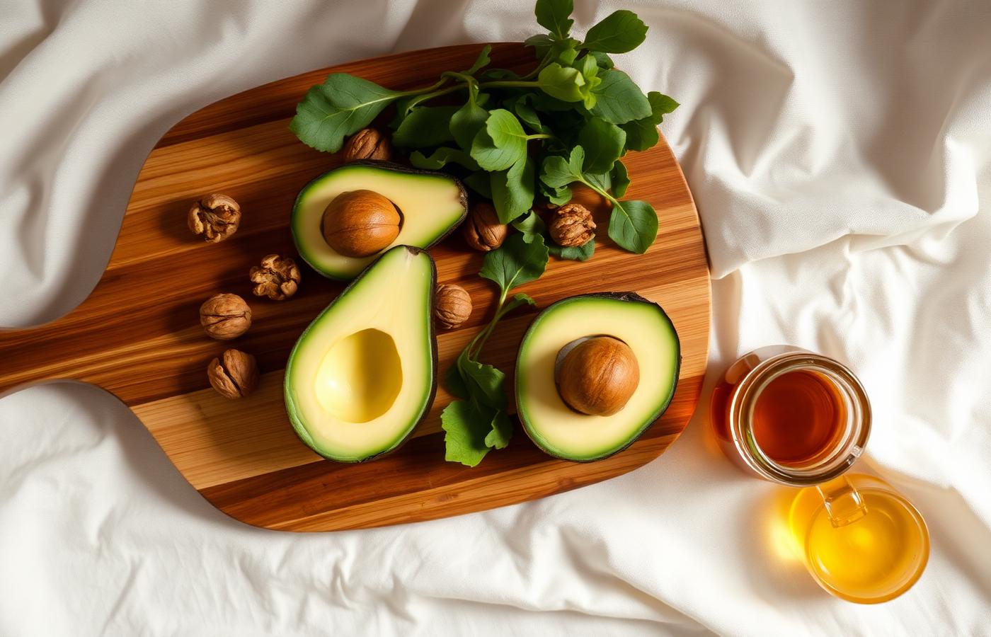 Whole foods arranged on a wooden board: avocado, walnuts, leafy greens and honey
